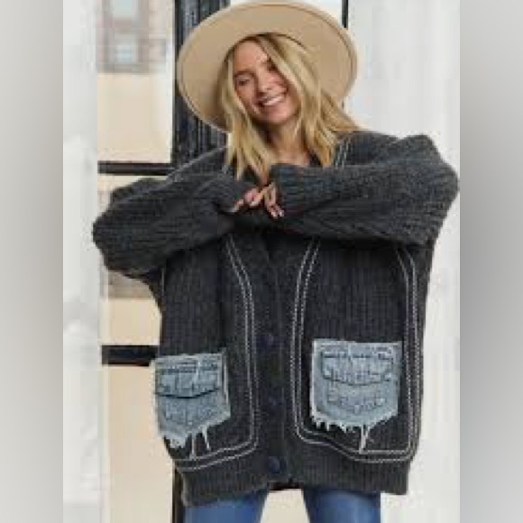 AliceDada Sweaters - Fashion V Neck Denim Pocket Knitted Sweater Loose Cardigan Jacket oversized